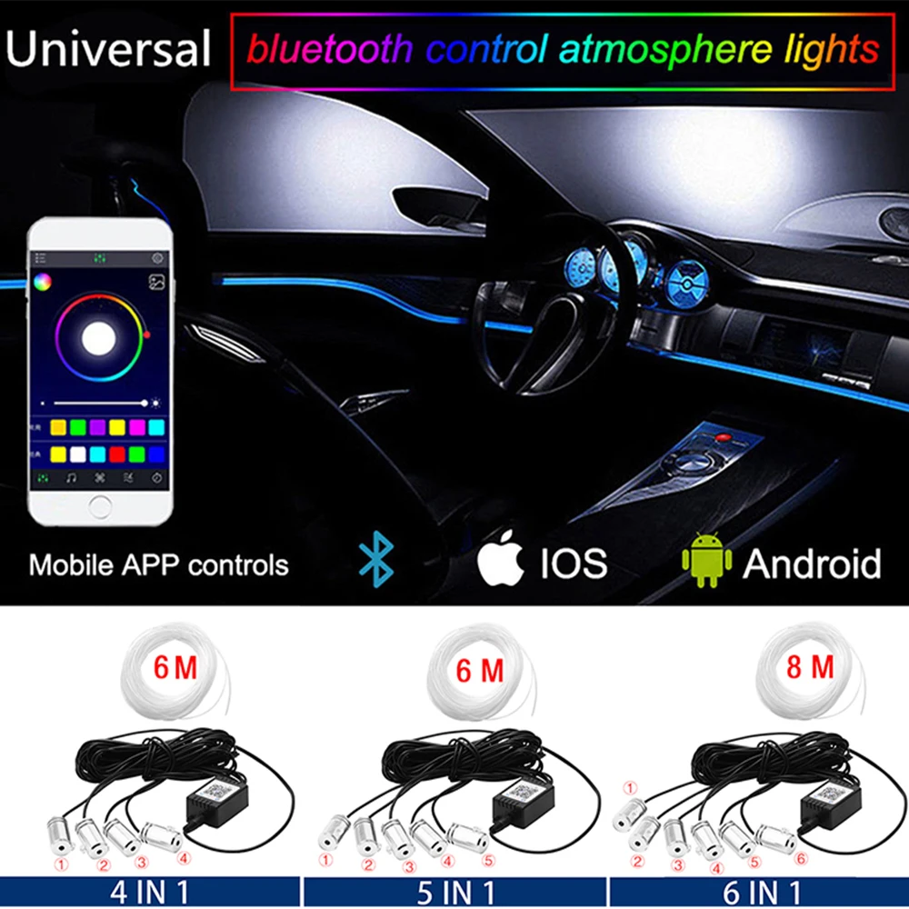Car Interior Neon RGB Led Strip Lights 4/5/6 in 1 Bluetooth App Control Decorative Ambient Atmosphere Dashboard Lamp 12V | Автомобили и