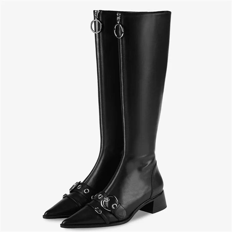 Женские сапоги до колена с острым носком высокие бедра ремешком и пряжкой