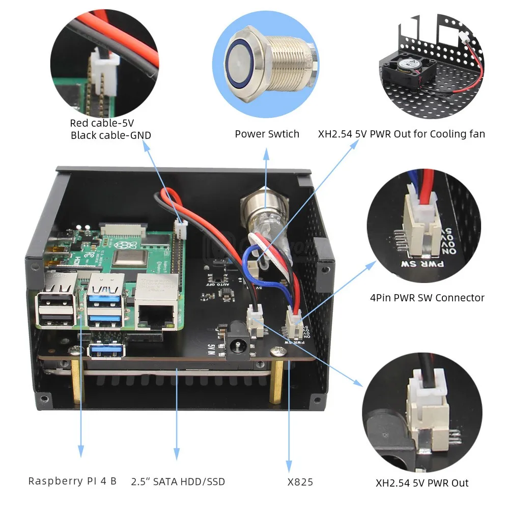 

Raspberry Pi X825 SSD&HDD SATA Board Matching Metal Case+Switch+Cool Fan, Honeycomb chassis for X825 Raspberry Pi 4 Model B X735