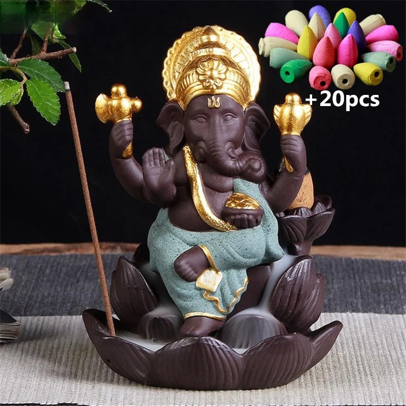 

Ganesha Backflow Incense Burner Elephant God Emblem Auspicious and Success Ceramic Incense Holder Aroma Censer Home Decor Crafts