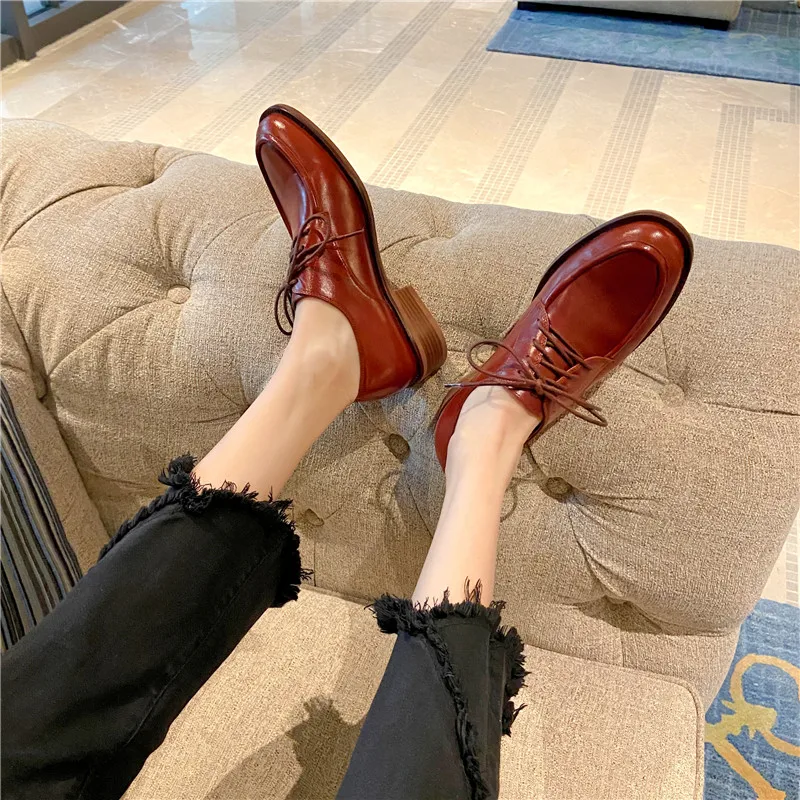 

MORAZORA Big Size 33-43 Genuine Leather Shoes Women Fashion Lace Up Casual Single Shoes Spring Autumn Ladies Pumps