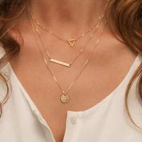 simple round sequin hollow triangle multi layer pendant necklace square geometric design metal chain ladies party jewelry