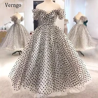 verngo white and black dotted tulle a line prom dresses off the shoulder short sleeves ankle length lace up corset evening gowns