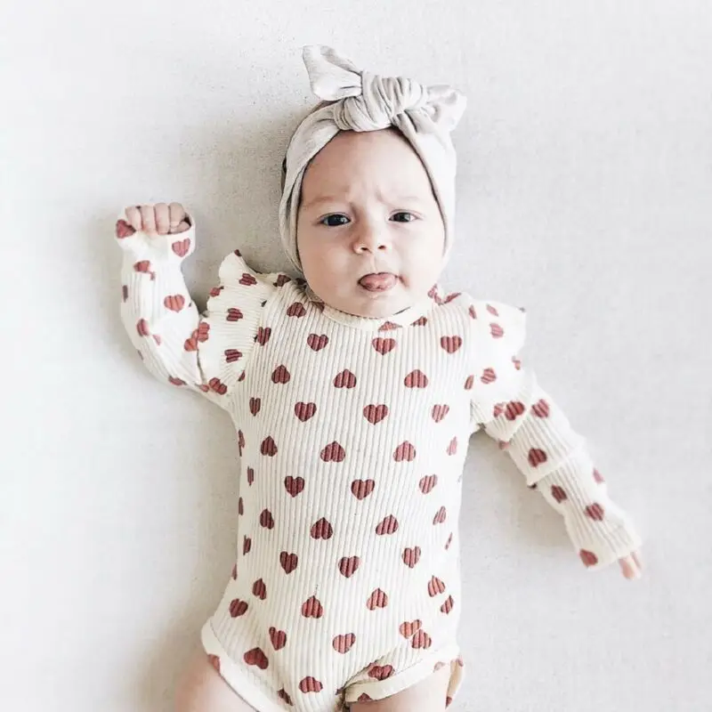 Spring Autumn Baby Clothing Baby Girls Ribbed Clothes Girl Ruffle Hearts Jumpsuit Newborn Fly Long Sleeve Bodysuit Kids Outfit