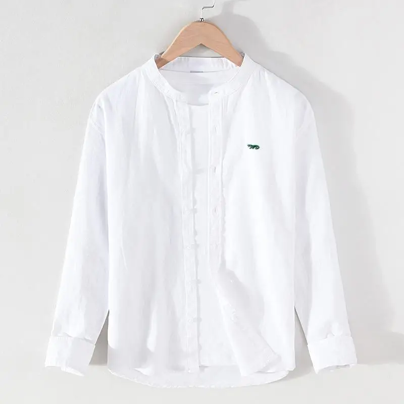 High Quality Embroidery-Logo Mens Shirts Solid Color Slim Fit Casual Long Sleeve Linen Cotton Shirts Hommes Blouse Male Tops
