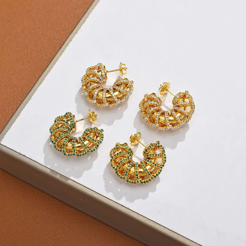 

CZ Rhinestone pave winding chunky hoop earrings for women green C hoop earrings luxury designer jewelry popular items freeship