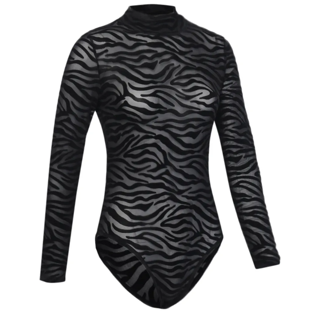 

Sexy Bodysuit Women Club Gothic Slim Long Sleeves Bodysuit translucent Mesh Sheer Skinny Black Night Bodysuit