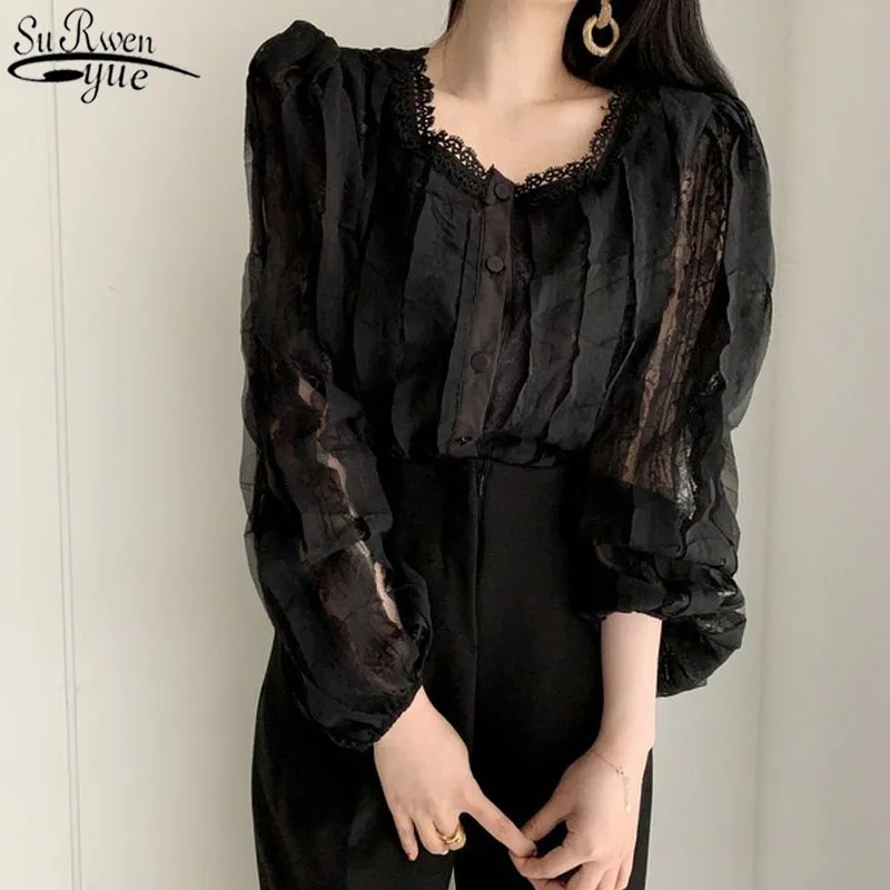 Spring New Korean Retro Sweet Long Sleeve Lace Shirts See Through Square Collar Women's Blouse Cotton Shirts with Buttons 13340