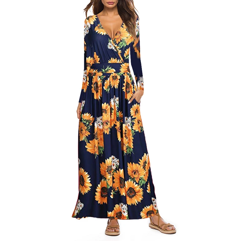 

ELSVIOS New Women Casual Solid Deep V Neck Long Sleeves Dresses Fashion Fall Winter Print Pocket Dresses Elegant Party Dresses