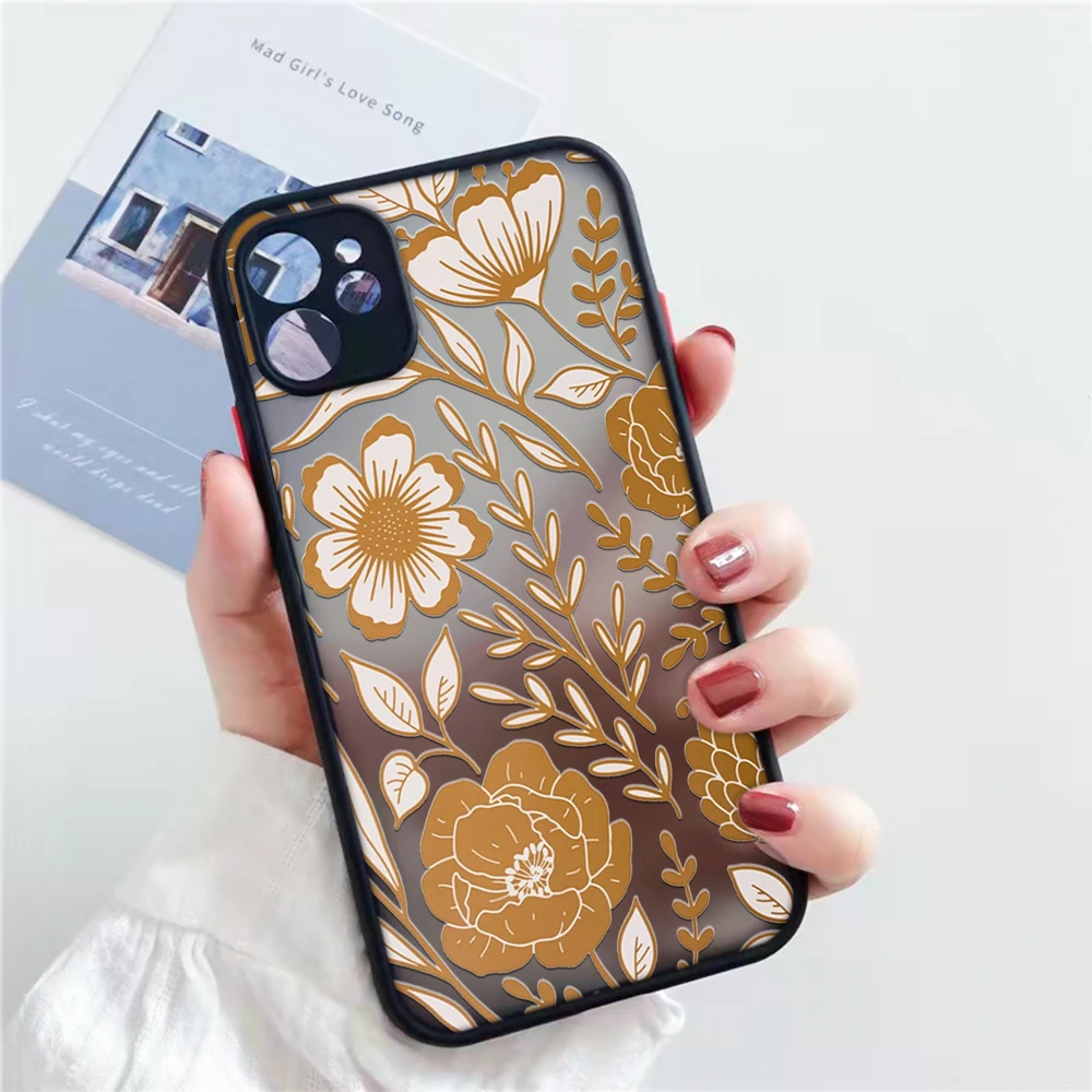 

Cute Hand Painted Flower Black Phone Case For iPhone 11 13 Pro MAX 12 XS X 7 SE20 XR 8Plus Art Shockproof Hard Matte Cover Coque