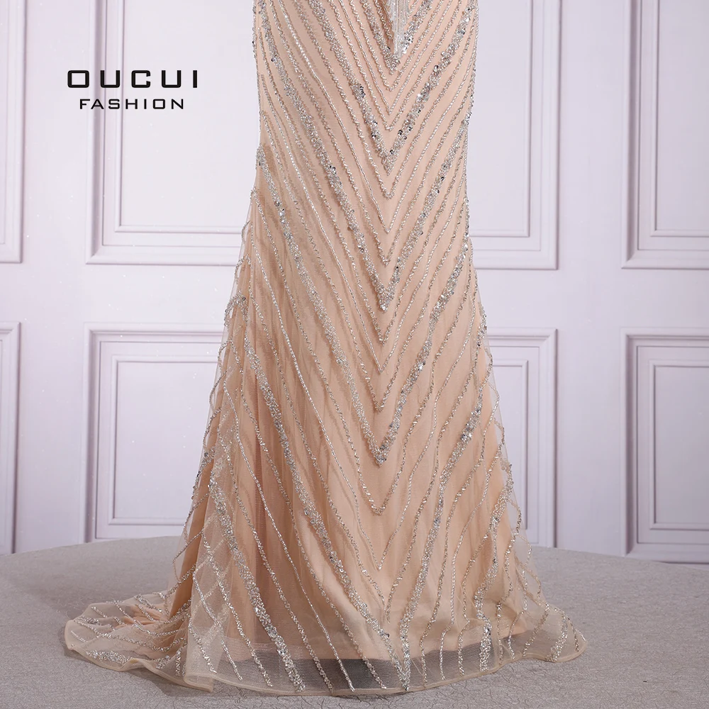 

Dubai Tassel Sexy Long Evening Dress 2019 Sleeveless Sweep Train Beading High Neckline Stunning Sheer Back Formal Gown OL103653