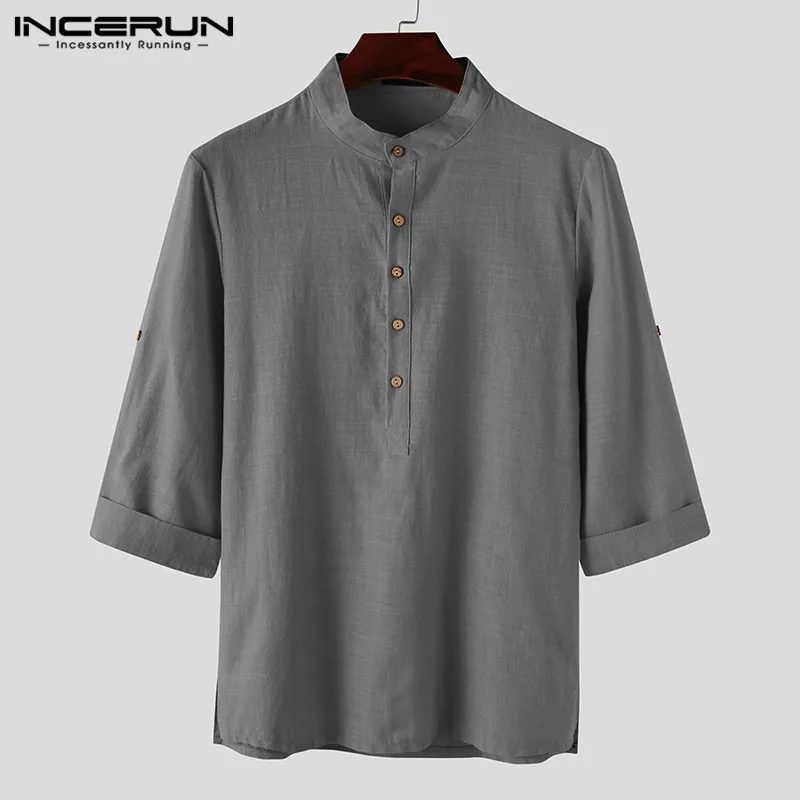 

INCERUN мужские рубашки 3/4 с длинным рукавом и стоячим воротником Camisa Человек в винтажном стиле; Однотонные сорочка повседневное хлопковая бле...