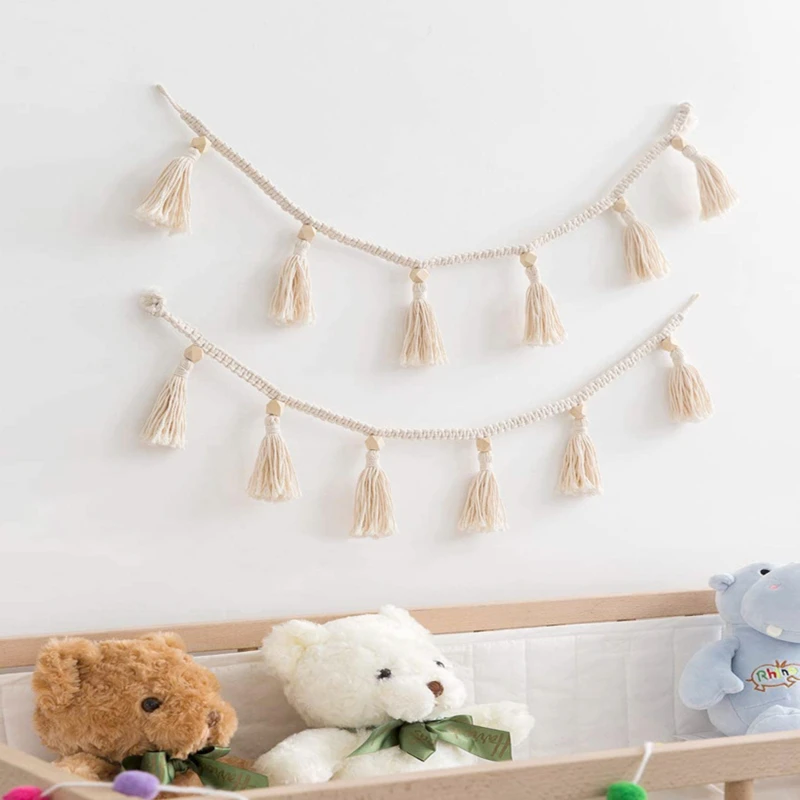 

Handmade Woven Tassel Garland Decor For Rattan Woven Basket Bohemia Macrame Wooden Beads Wall Hangings Ornament Home Decoration