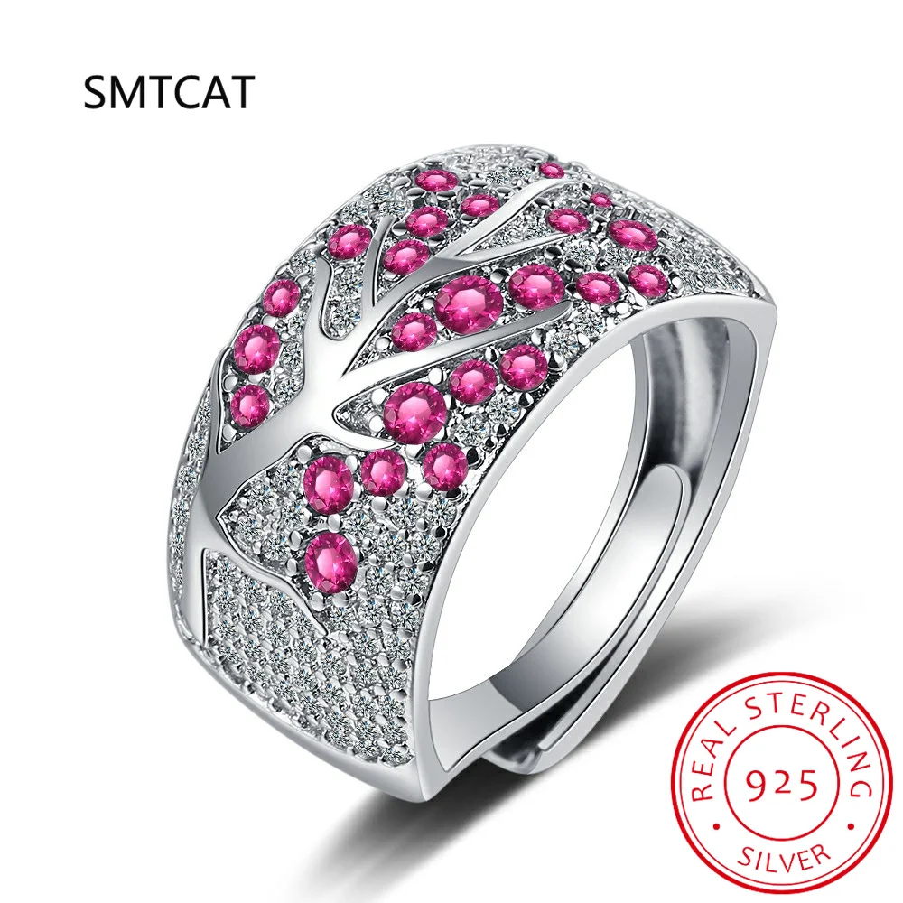 

Silver Ring for Women Genuine 925 Sterling Silver Pink Green Cherry Tree Cubic Zirconia Ladies Delicate Fine Jewelry