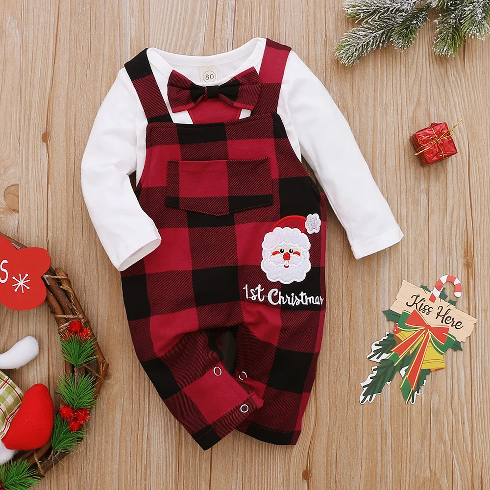 

Newborn Baby Boys Christmas 2 Piece Pockets Woven Pants Check Long Sleeve O Neck Casual Appliques Rompers Spring/Autumn Cotton