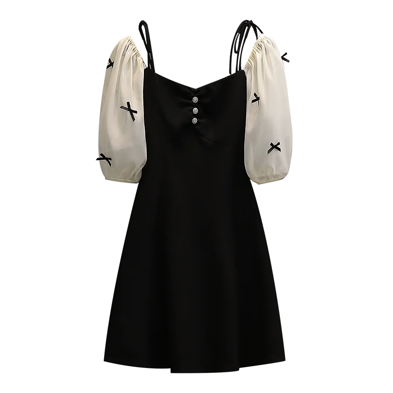 

L XL 2XL 3XL 4XL Elegant Office Lady Summer Dress 2021 Plus Size Black Patchwork Puff Sleeve Bow Square Collar Female Dresses