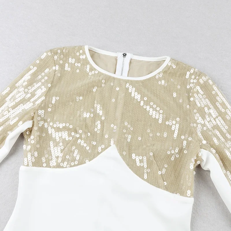 

VC Free Shipping Women Bodycon Dress Mesh Patchwork Long Sleeves O Neck Vestidos Celebrity Christmas Party Sequins Dress