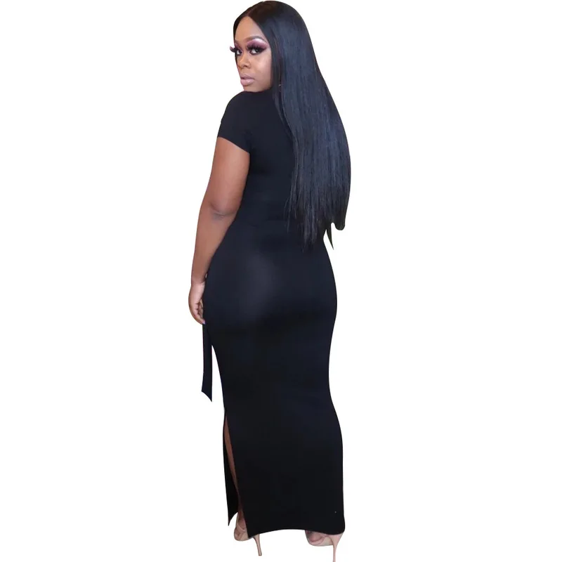 

Solid Plus Size Tshirt Dress Women Scoop Neck Belt Side Split Maxi Bodycon Dresses Summer 2021 Short Sleeve Skinny Causal Dress