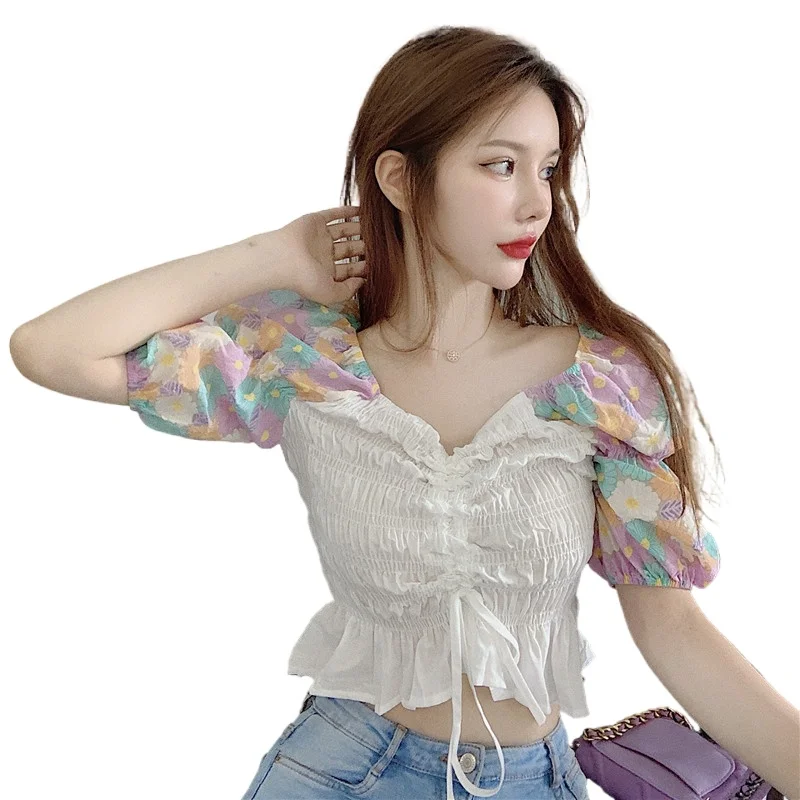 

Houthion New Summer Slim Comfortable Fashion Blouses V-neck Short Sleeve Printing Korean Women's Blouse