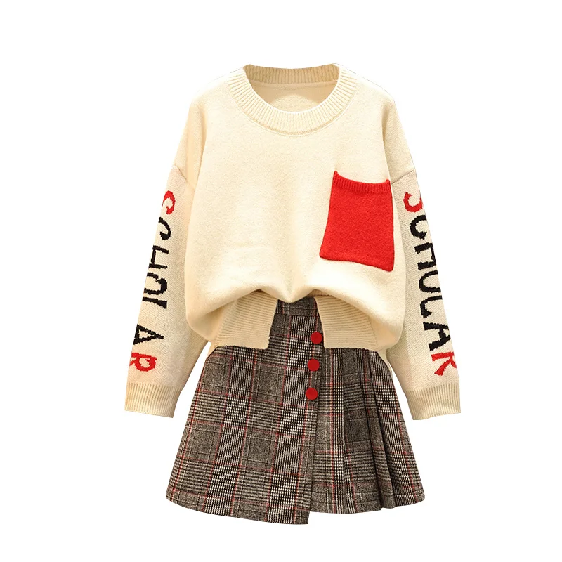 

Большие размеры, Женский Зимний новый пуловер, свитер, сетчатая плиссированная юбка, костюм для отдыха из двух предметов, трикотажный топ, з...