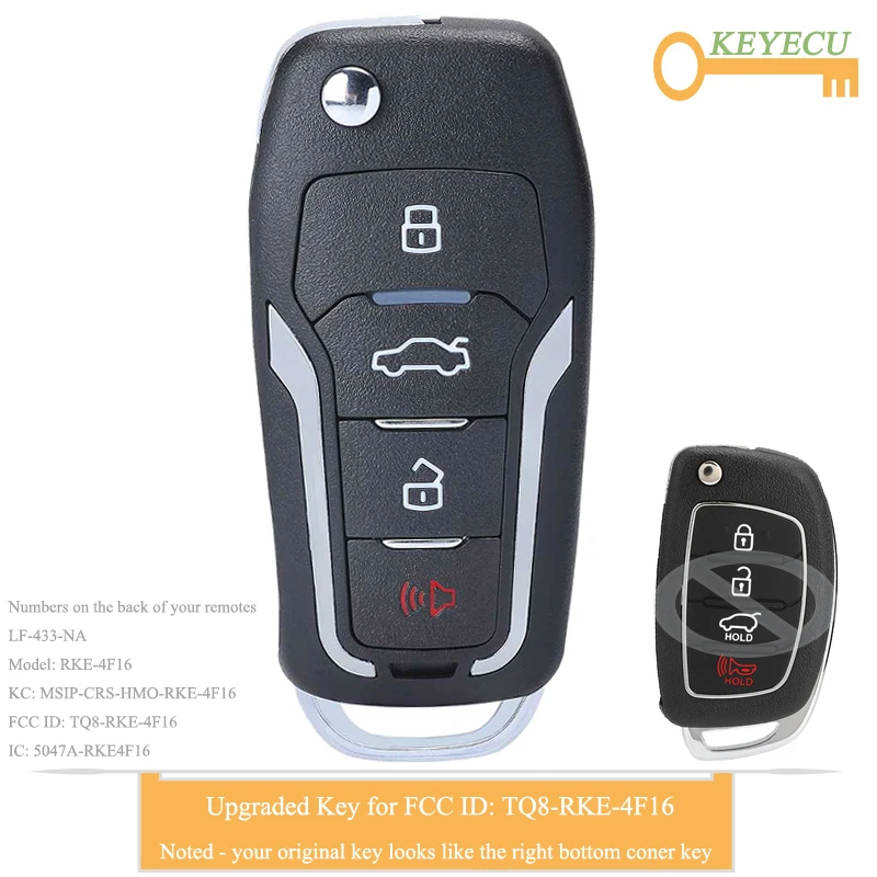 Ключ KEYECU для Hyundai Sonata 2014 2015 2016 2017 брелок с 4 кнопками 433 МГц ID46 чип TQ8 RKE 4F16|Ключ от