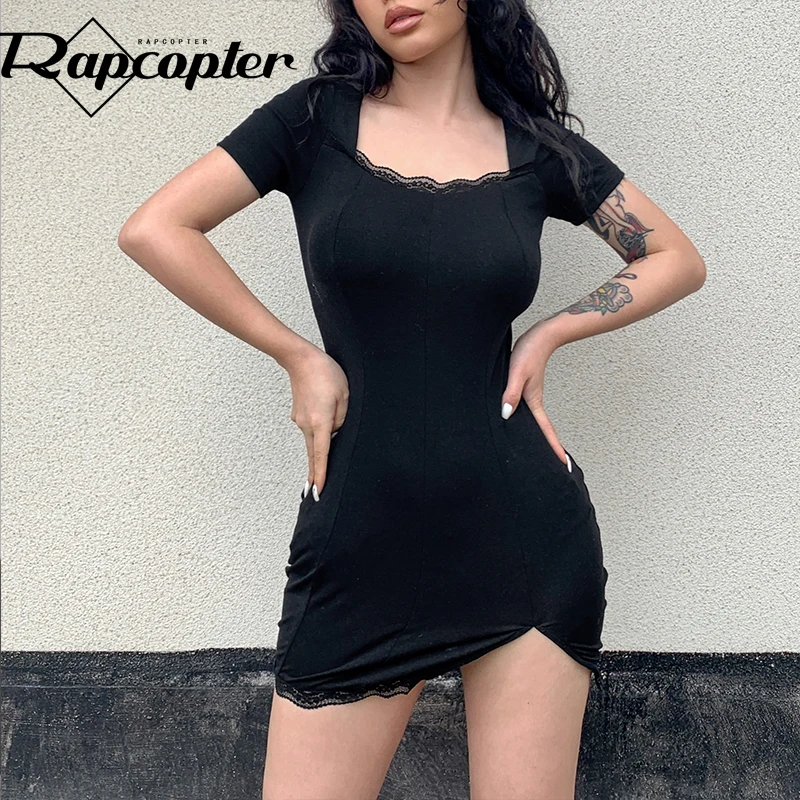 

Кружевное вязаное платье Rapcopter, готическое Черное короткое платье y2k, облегающее платье с коротким рукавом и разрезом, женское базовое элега...