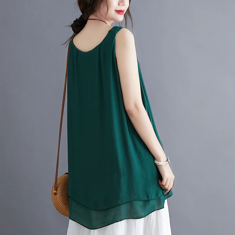 

DIMANAF Plus Size Women T-Shirt Chiffon Linen Sleeveless Vest Fake Two Piece O-Neck Tops Shirt Loose Summer 2021 Solid New Tees