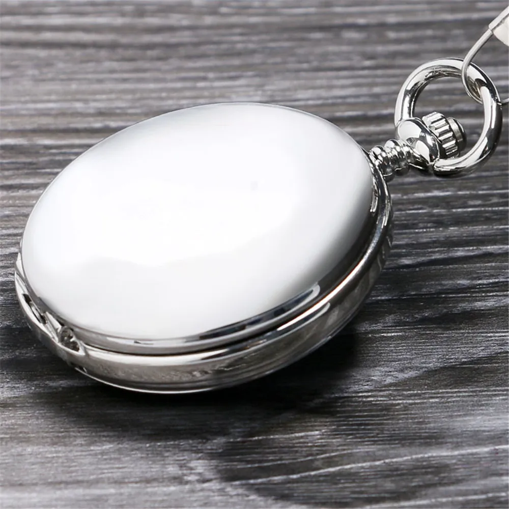 Roman Numerals Mechanical Pocket Watch Silver Smooth Cover Pendant Clock Male Antique Hand Winding Pocket Timepiece with Chain