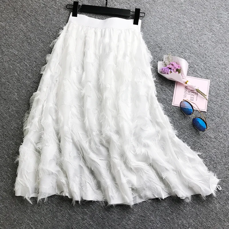 

Feather Pattern High Waist Womens Skirts Solid Color Casual Women Fashion Skirts Women 2019 New Ladies Chiffon Skirts