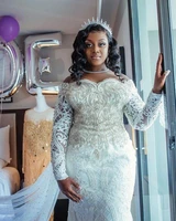 plus size arabic aso ebi mermaid luxurious lace wedding dress long sleeves beaded crystals sheer neck bridal gowns dresses