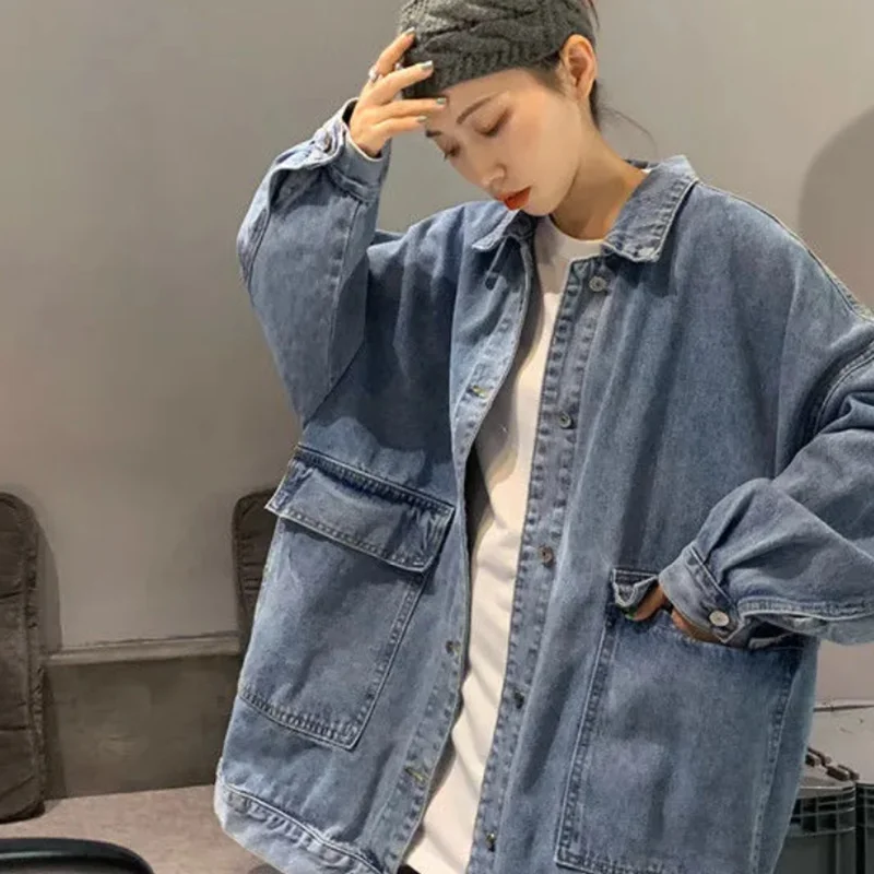 

New Retro Tooling Cowboy winter Coat Loose Lapel Fashion Denim Jacket Top Spring Autumn Women Long Sleeve Big Pocket 2021 2022