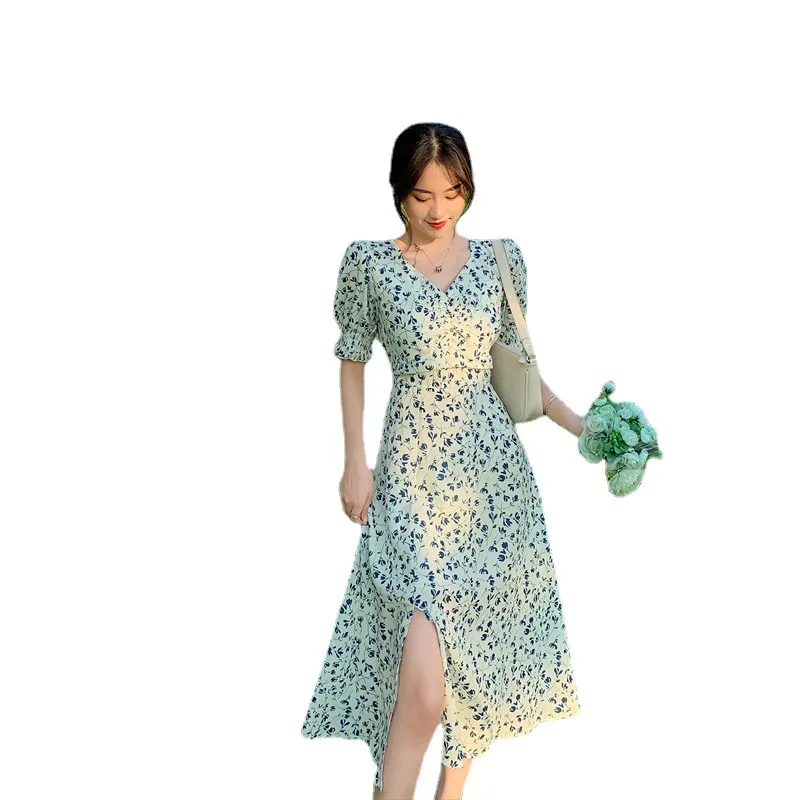 

Women Dresses Summer 2021 Sexy V Neck Vintage Floral Print Bohemian Boho Beach Short Sleeve A Line Long Cloth Wrap Sundress Robe