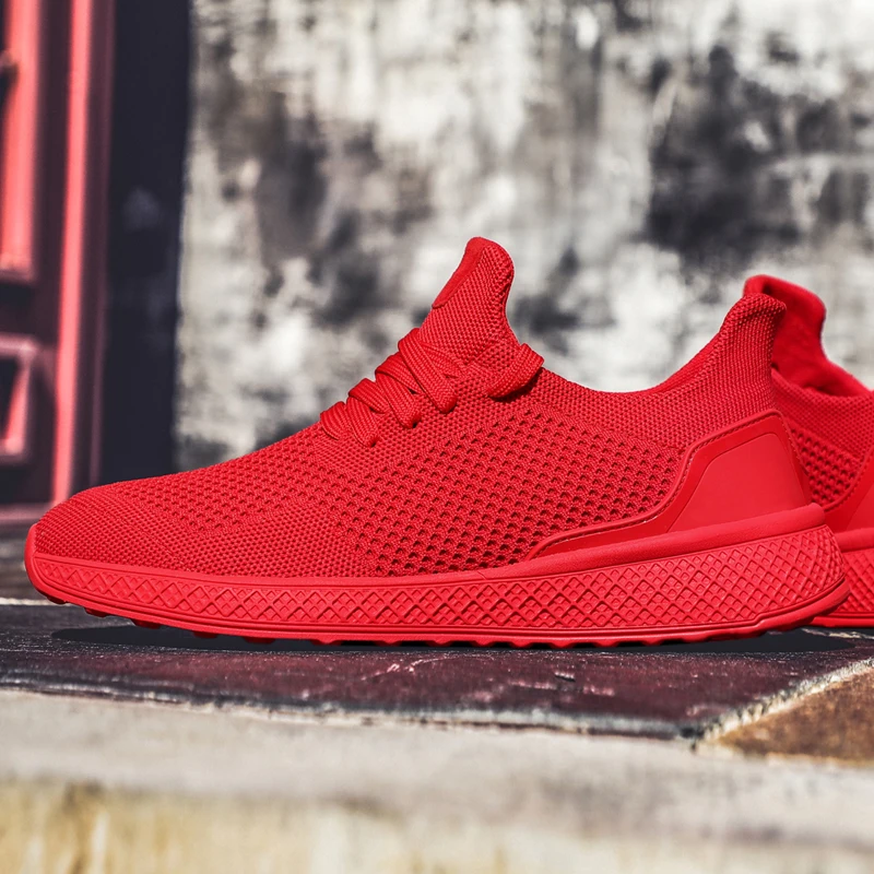 HUCDML Men Shoes Summer Mesh Breathable Light Mens Sneakers Solid Black Red Gray White Big Size 45 46 Support Dropshipping |