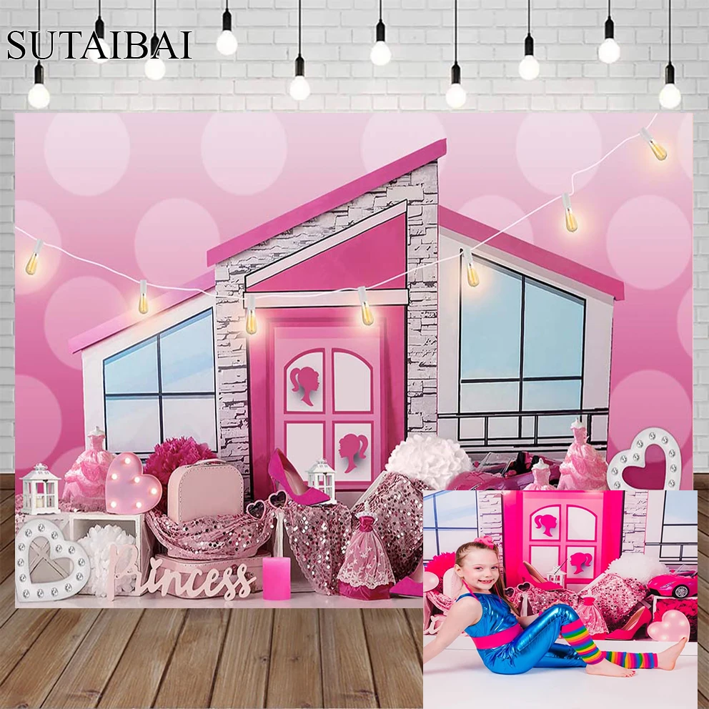 

Pink Dollhouse Girl Birthday Party Photography Background Decoration Banner Gift Pink Sweet Love Heart Child Portrait Backdrop