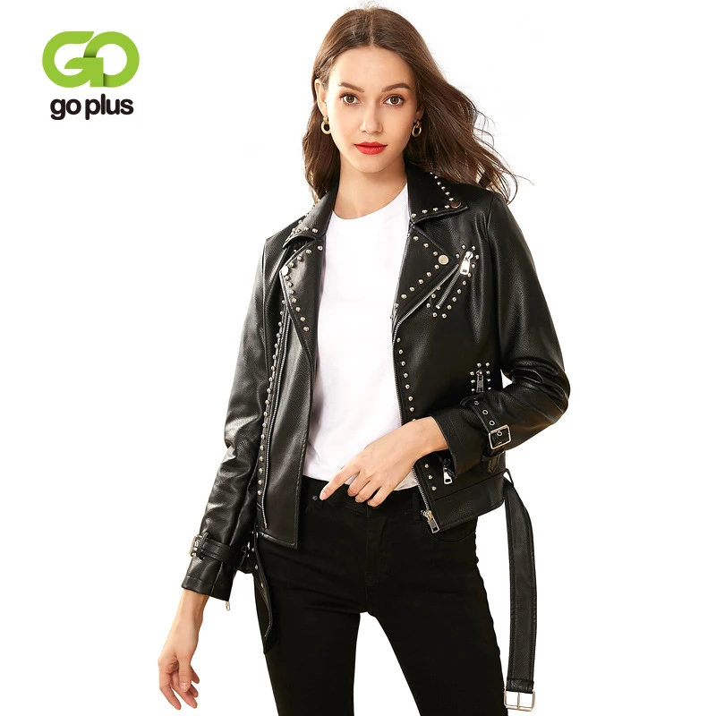 

GOPLUS Women's Moto Biker Jacket Rivet Adjustable Waist Womens Leather Jackets and Coats Veste En Cuir Femme Kurtka Damska C9528