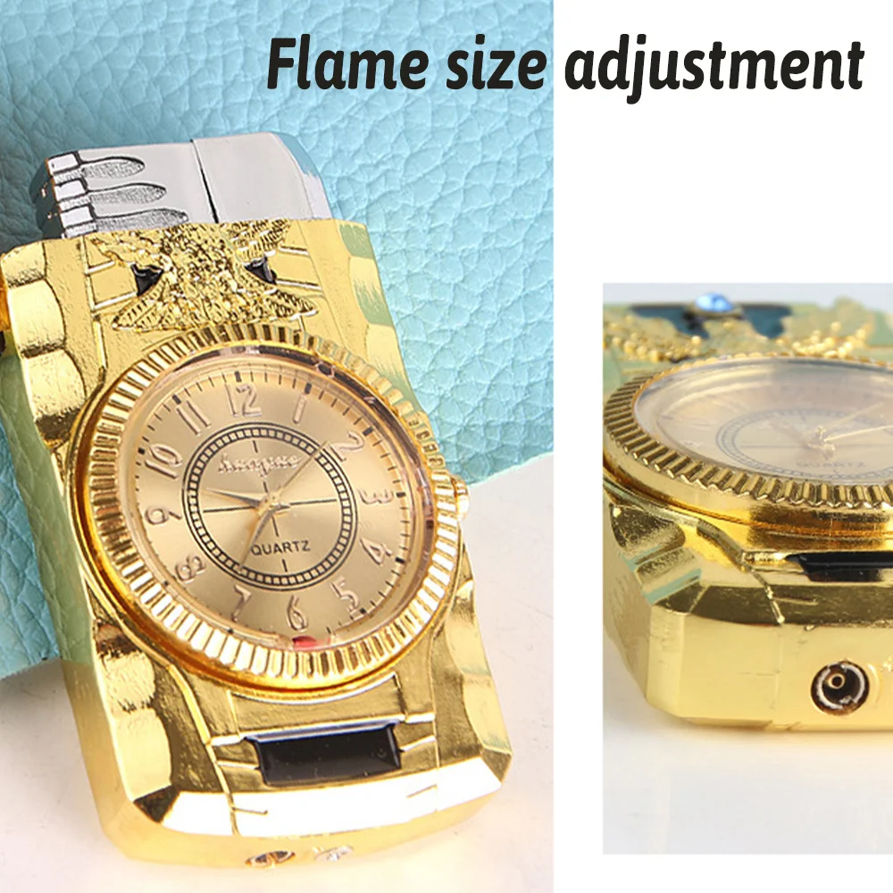 Роскошные золотые часы, многоцветный свет, газовый факел с турбированным нагнетателем, заправленный бутаном, ветрозащитная зажигалка для сигар и сигарет.