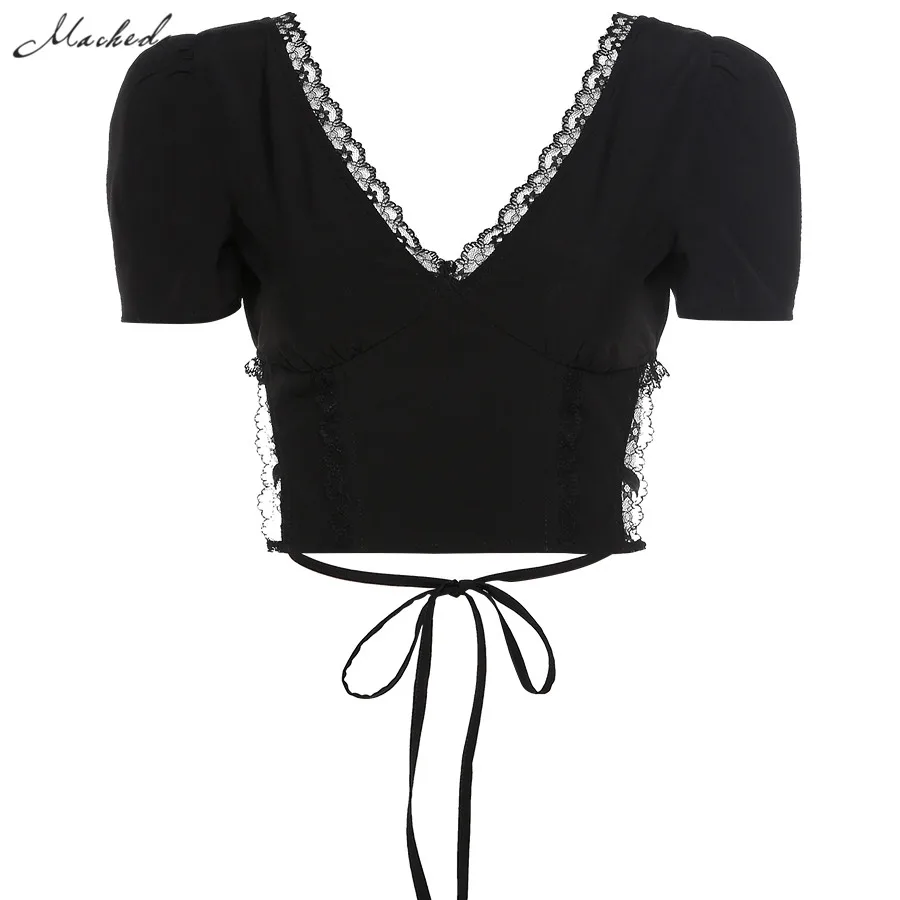Женская футболка с открытой спиной и V-образным вырезом кружевом | одежда