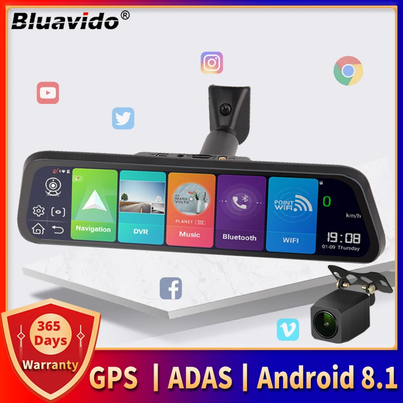 Видеорегистратор-зеркало Bluavido, 10 дюймов, 4G, Android 8,1, GPS-навигатор, камера заднего вида ADAS, AHD 1080P, видеорегистратор с двумя объективами - изображение