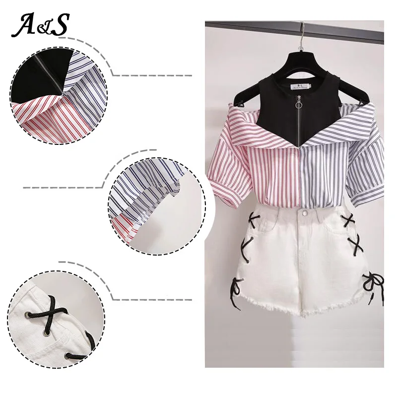 Anbenser 2 Pieces Shorts Sets Summer Sweet Korean Off Shoulder Tops And Shorts 2 Pieces Sets Women Clothing Two Pieces Outfits
