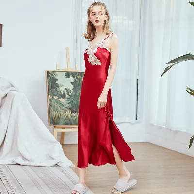 Популярные шелковые женские летние кружева слинг длинная ночная рубашка