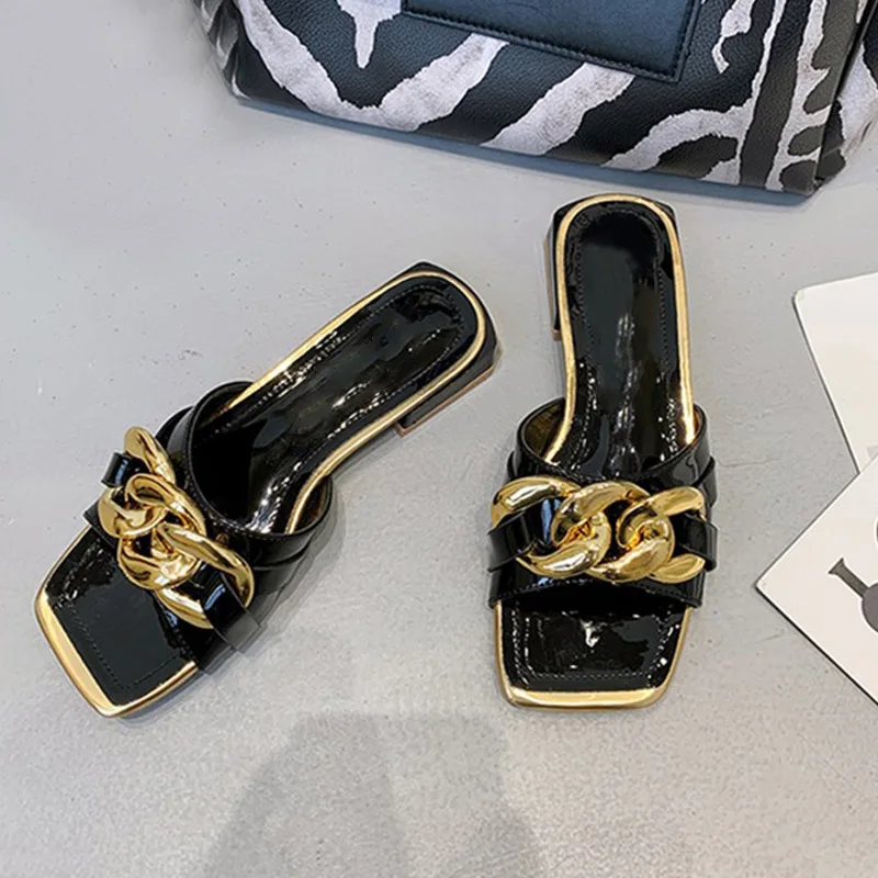 

Fashion Women's Slippers Square Toe Crystal Heels Transparent Band Chain Design 2021 Summer New Candy Color Ladies Casual Shoes