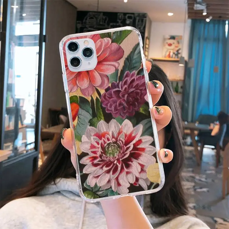 

Fashion Retro Style Flowers Phone Case Transparent soft For iphone 5 5s 5c se 6 6s 7 8 11 12 plus mini x xs xr pro max
