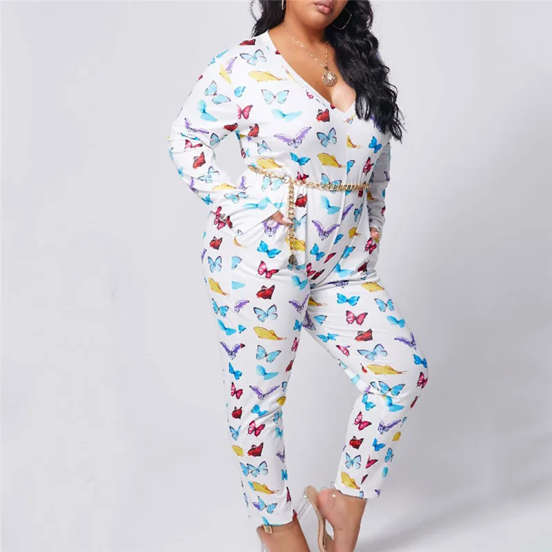 

Womens Long Sleeve Jumpsuit Autumn Spring Plus Size Jumpsuits XL-4XL Sexy Deep V Neck Romper Fashion Butterfly Print Loungewear