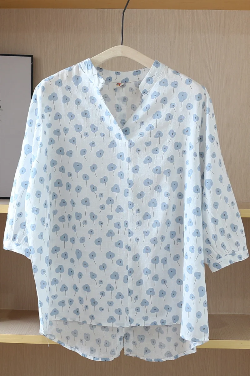 

2021 summer new half sleeve V neck print shirt women casual tops