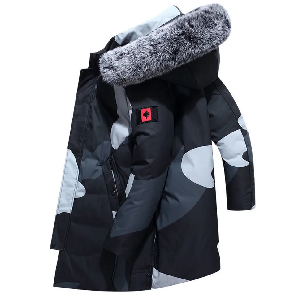 

Winter Down Jacket Men Thick Warm Parkas Coats Puffer Jacket Hooded White Duck Down Fox Fur Collar Mid Length Coat