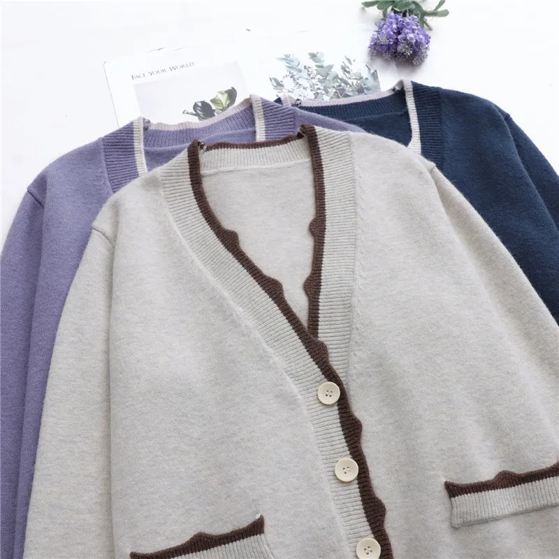 

Autumn 2020 New Japanese Retro All-Match Korean Style Stitching Lace Contrast Knitted Cardigan V-Neck Sweater Jacket Female C015