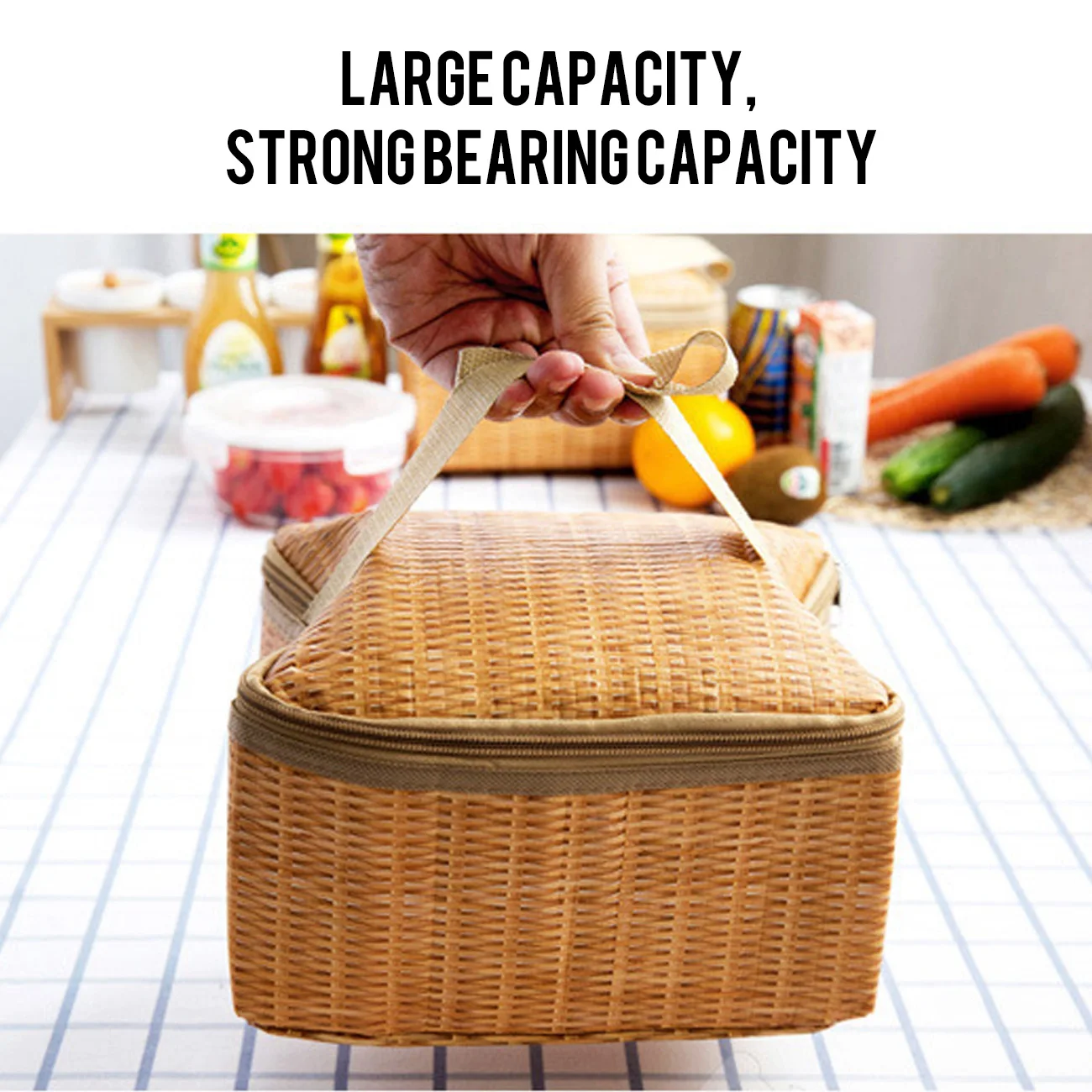 

Home Food Storage Outdoor School Picnic Portable Hiking Travel Imitation Rattan Print Office Lunch Bag