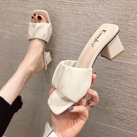 summer womens slippers fashion simple outer wear mid heel womens shoes one word slippers square toe party womens sandals