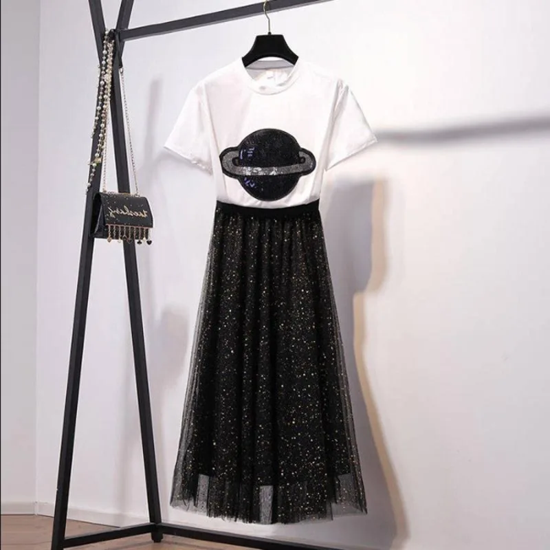 Женский комплект 2 шт. блестящая сетчатая юбка + футболка с рисунком планеты