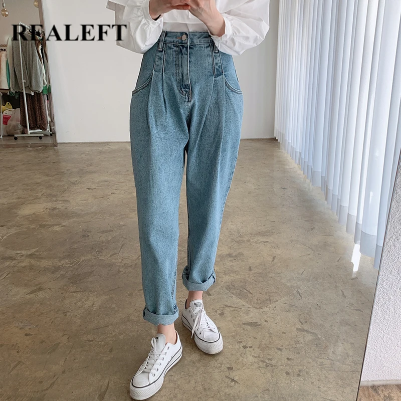 

REALEFT Summer 2021 New Classic Women's Jeans Mid Waist Blue Denim Harem Pants Retro Washed Streetwear Straight Trousers Female